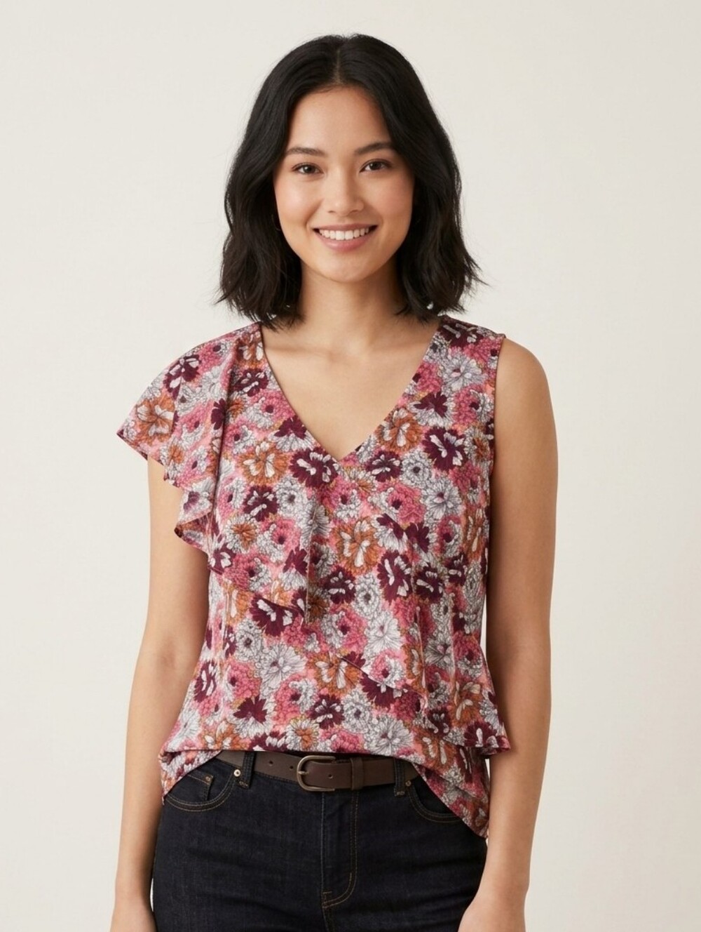 Banana Republic Floral Print Asymetric Flounce One Ruffle Sleeve Top, Size M